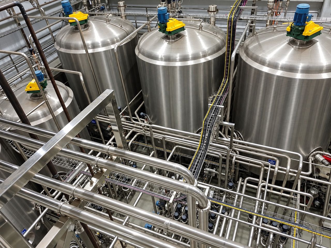 Planta de formulação com tanques de aço inox e tubulação sanitária montada pela JAH
